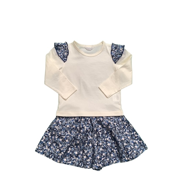 肩花柄フリルロングスリーブTシャツ